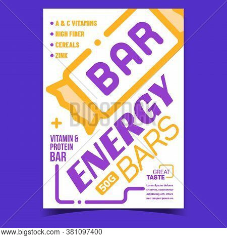 Energy Bars Food Creative Advertise Banner Vector. Vitamin And Protein Taste Bar Package On Promotio