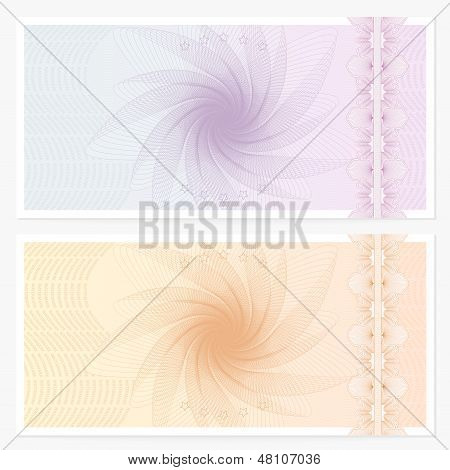 Voucher (Gift certificate / Coupon) template with guilloche pattern (watermarks), border. Banknote