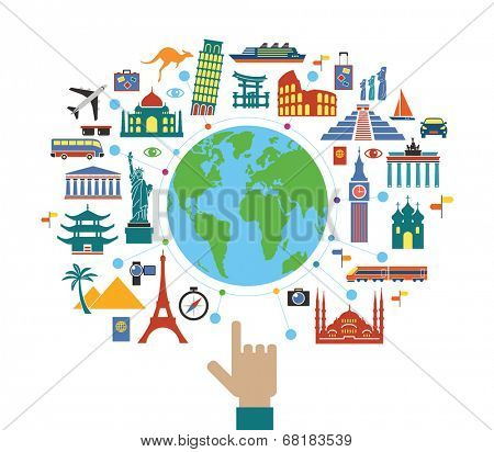 Concept planning a travel. Flat design travel background. The hand of man shows a world map surrounded by icons of travel and landmarks