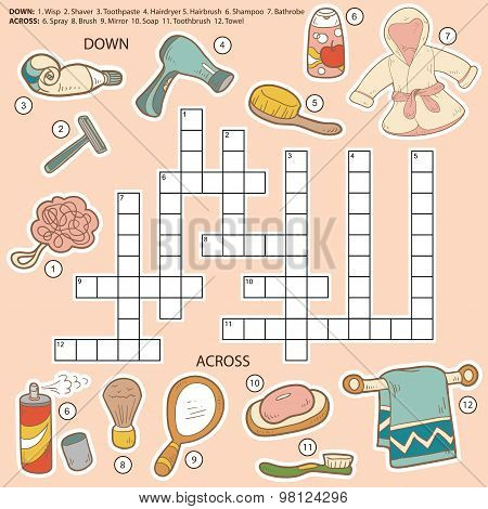 Vector Color Crossword, Education Game For Children About Bathroom And Beauty Items