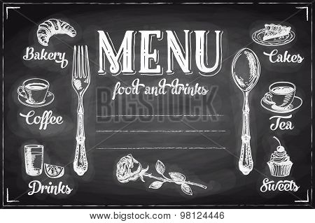 Vector hand drawn breakfast and branch background on chalkboard.