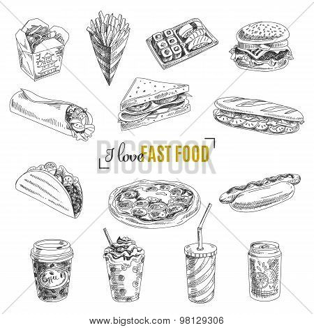 Vector set of fast food. Illustration in sketch style.