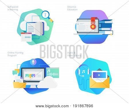 Material design icons set for distance education, audio and video library, online training and courses, self-paced e-learning. UI/UX kit for web design, applications, mobile interface, infographics and print design.