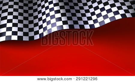 Waving Checkered Racing Flag On Red Background. Flag For Car Or Motorsport Rally. Three Dimensional 