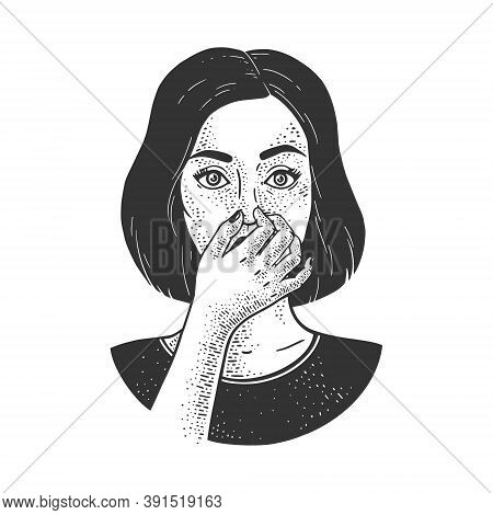 Bad Smell Stench Stink. Girl Holding Nose With Fingers Sketch Engraving Vector Illustration. T-shirt