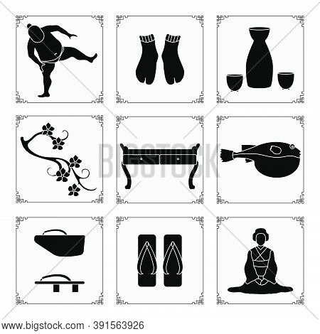 Symbols Of Japanese Culture. Asian Woman In Kimono, Sumo Athlete, Sake Set, Tabi Socks, Sakura, Tabl