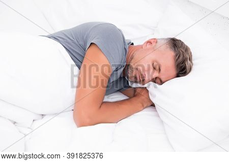 Sleeping Beauty. Man Handsome Guy Lay In Bed. Get Enough Amount Of Sleep Every Night. Tips Sleeping 