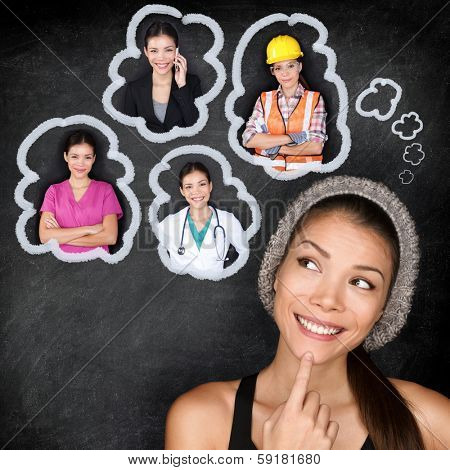 Career choice options - student thinking of future education. Young Asian woman contemplating career options smiling looking up at thought bubbles on a blackboard with images of different professions