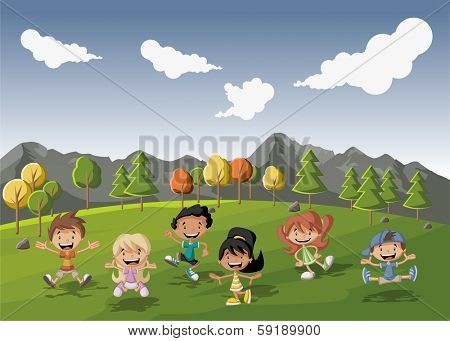 Group of cute happy cartoon kids playing in green  park 