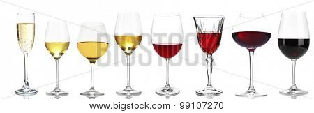 Wineglasses with different wine, isolated on white