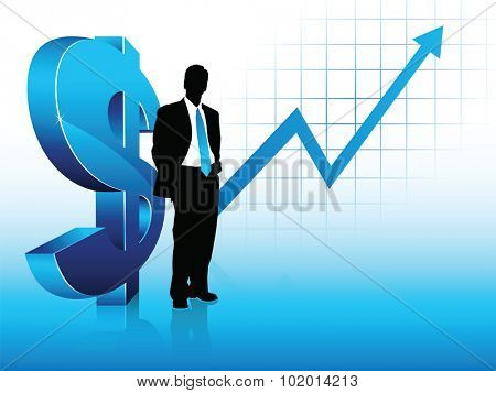 Blue theme businessman silhouette, standing next to a big dollar sign and with a statistic chart showing financial success in the background.