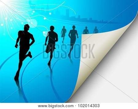 A set of six runners or marathon runners, running on a track on an abstract city or cityscape background with a sun. Vector illustration. Page looks like it is flipping, can easily add content there.