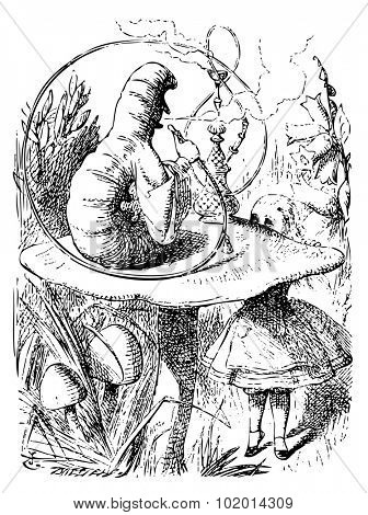 Alice in Wonderland old engraving. Alice speaking with the smoking caterpillar: Alice's Adventures in Wonderland. Illustration from John Tenniel, published in 1865.