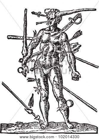 The Man of Wounds old engraving Illustration from  the Opera Chirurgica, by Ambroise Pare 1594. A man with multiple wounds made by weapons, such as sword, arrow, club, lance, cannonball and dagger.