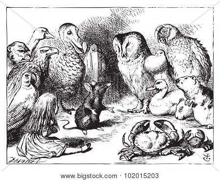 Alice in Wonderland. The mouse tells Alice a story. The mouse is telling a story to the crowd of animals.Alice's Adventures in Wonderland. Illustration from John Tenniel, published in 1865.