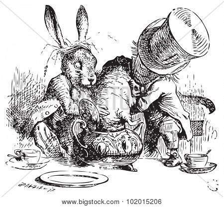 Mad Hatter and March Hare dunking the Dormouse. ...the last time she saw them, they were trying to put the Dormouse into the teapot. Alice's Adventures in Wonderland original vintage illustration.