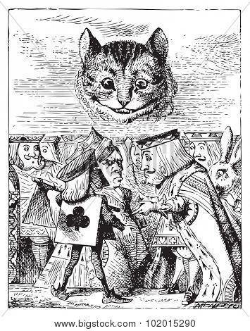 Executioner argues with King about cutting off Cheshire Cat head - Alice's Adventures in Wonderland original vintage engraving.