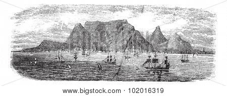 Scenic view from Table bay vintage, Cape Town, South Africa vintage engraving. Old engraved illustration view of Table Mountains near Cape town with ships, 1890s. Trousset Encyclopedia