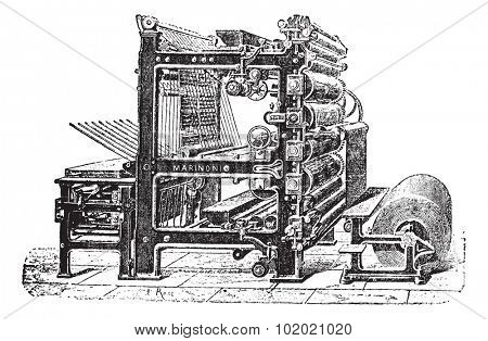 Marinoni Rotary printing press, vintage engraving. Old engraved illustration of Marinoni Rotary printing press.  Trousset encyclopedia (1886 - 1891).