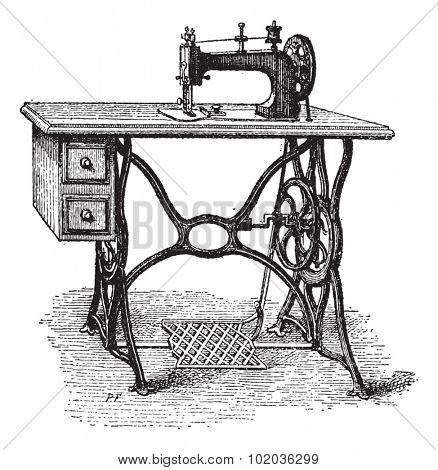 Foot-powered Sewing Machine, vintage engraved illustration. Dictionary of Words and Things - Larive and Fleury - 1895