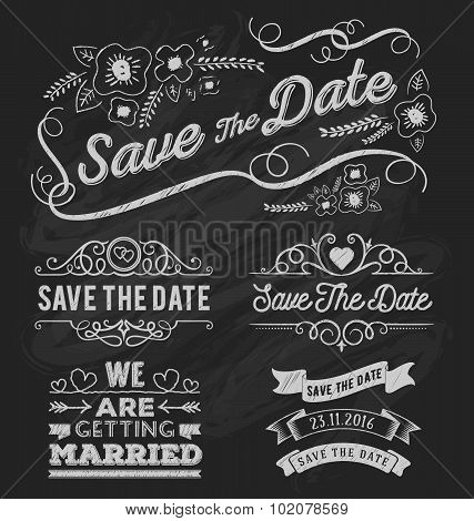 Set Of Save The Date Typography, Frame And Ribbon Chalk Style.