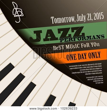 Jazz musician concert  poster with piano keys . Vector