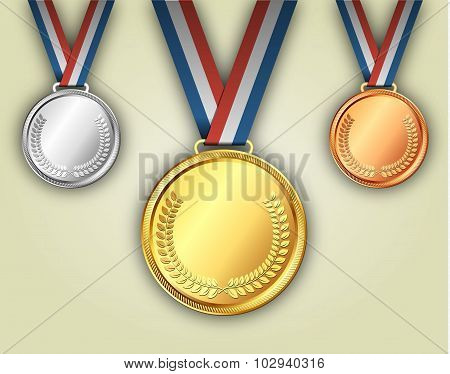 Gold silver and bronze medals on ribbons