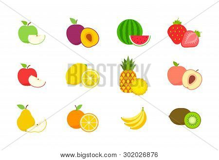 Big Set Of Fruits And Berries. Summer Fruit. Fruit Apple, Pear, Strawberry, Orange, Peach, Plum, Ban