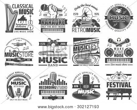 Music Recording Studio Label, Karaoke Bar And Jazz Festival Icons. Vector Music Band Instruments, Cl