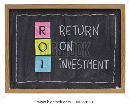 ROI - return on investment acronym explained with color sticky notes and white chalk handwriting on blackboard