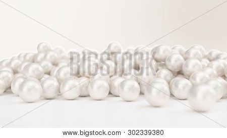 Pile Of Pearls. Background Of The Plurality Of Beautiful Pearls. Gems, Womens Jewelry, Nacre Beads. 