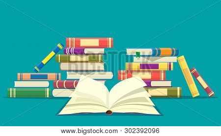 Open Book With An Upside Down Pages And Pile Of Books. Reading, Education, E-book, Literature, Encyc