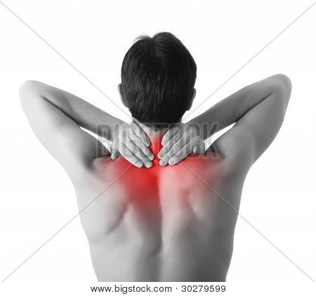 Rear View Of A Young Man Holding His Neck In Pain, Isolated On White Background