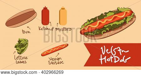 Vector Hotdog With Mustard Vegan Sausage . Illustration Vector. Icon Isolated. Vegan Hotdog. Vegan ,