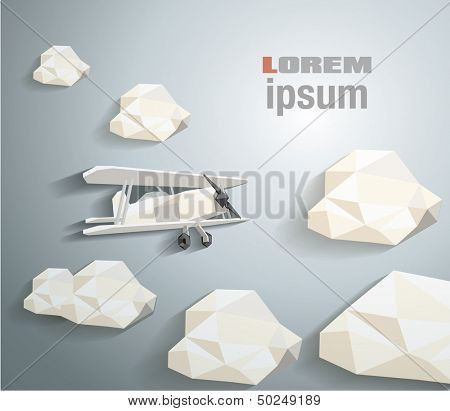 Low poly plane in the sky with clouds. vector illustration