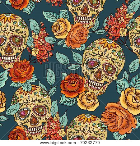 Skull, diamond and Flowers Seamless Background