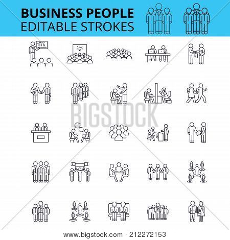 Business people ouline vector icons. Editable strokes. Group of business people signs set. Business team concept thin line icons. People and work and communication, businessmen logo