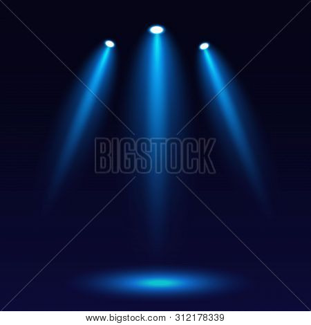 Scene Illumination, On A Dark Background. Bright Lighting With Three Spotlights. Spotlight On Stage 