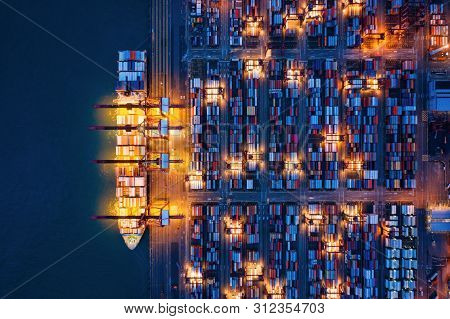 Aerial Top View Of Container Cargo Ship In The Export And Import Business And Logistics Internationa