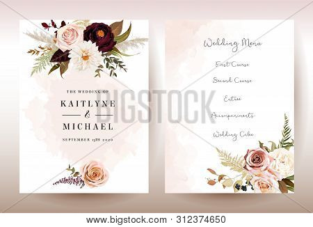 Moody Boho Chic Wedding Vector Bouquet Cards. Warm Fall And Winter Tones. Orange Red, Taupe, Burgund