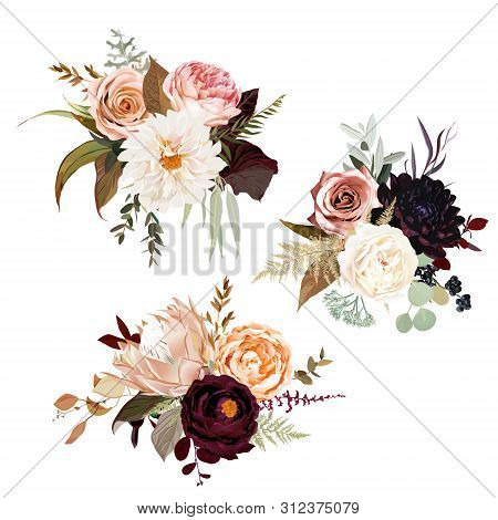 Moody Boho Chic Wedding Vector Bouquets. Warm Fall And Winter Tones. Orange Red, Taupe, Burgundy, Br