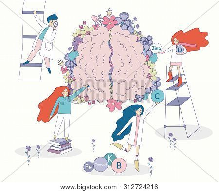 Healthy Brain Vector With Flowers On The Background. Four Doctors And Nurses Looking For The Right V