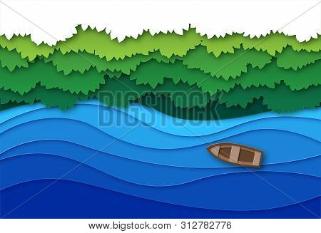 Paper Cut River. Top View Water Stream And Green Tropical Forest Trees Canopy. Creative Origami Natu