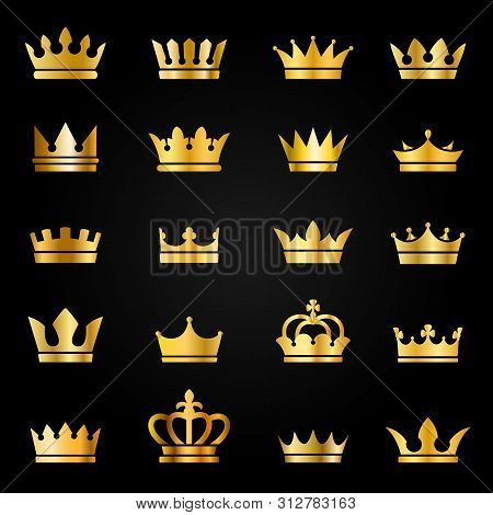 Gold Crown Icons. Queen King Golden Crowns Luxury Royal On Blackboard, Crowning Tiara Heraldic Winne