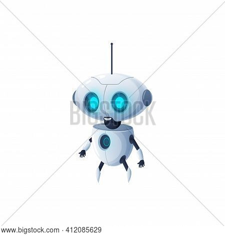 Cartoon Robot With Antenna On Head Isolated Plastic Hi-tech Character. Vector Modern Stylish Robotic