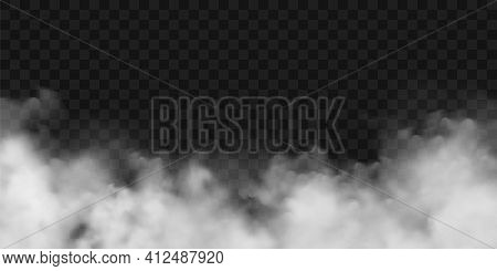 Realistic Fog, Mist Effect. Smoke On Dark Background. Vector Vapor In Air, Steam Flow. Clouds.