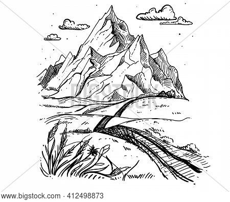 Mountains Sketch. Hand Drawn Vector Illustration. Mountain Travel, Highlands Range. Dot And Line Art