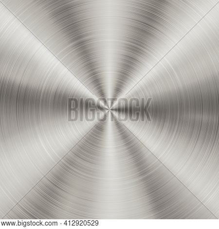 Shiny Brushed Metallic Steel, Aluminium Circular Background Texture. Bright Polished Metal Silver Pl