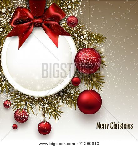 Christmas gift card with red ribbon and red Christmas baubles. Vector illustration.