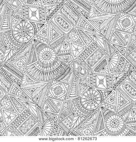 Seamless asian ethnic floral retro doodle black and white background pattern in vector. Henna paisle